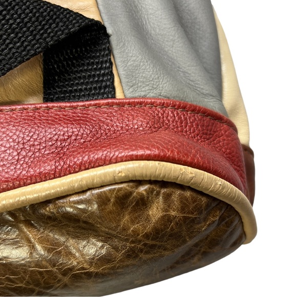 VTG 90's Gray Brown Cream Red Leather Mini Backpack with Zipper Straps - Picture 9 of 16